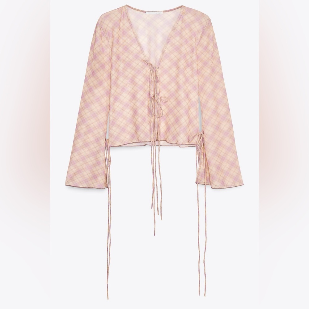 NWT Zara Pink and Cream Plaid Tie-Front Long Sleeve Top